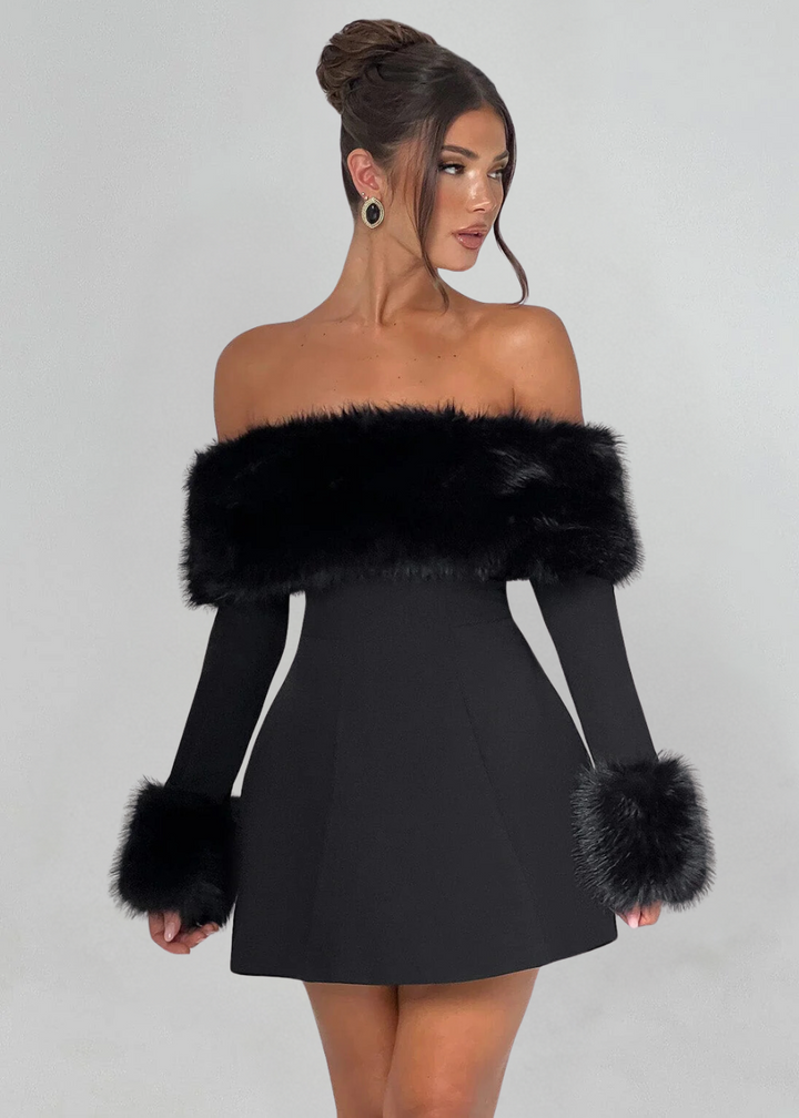 Serena | Schulterfreies Minikleid mit Pelzärmeln