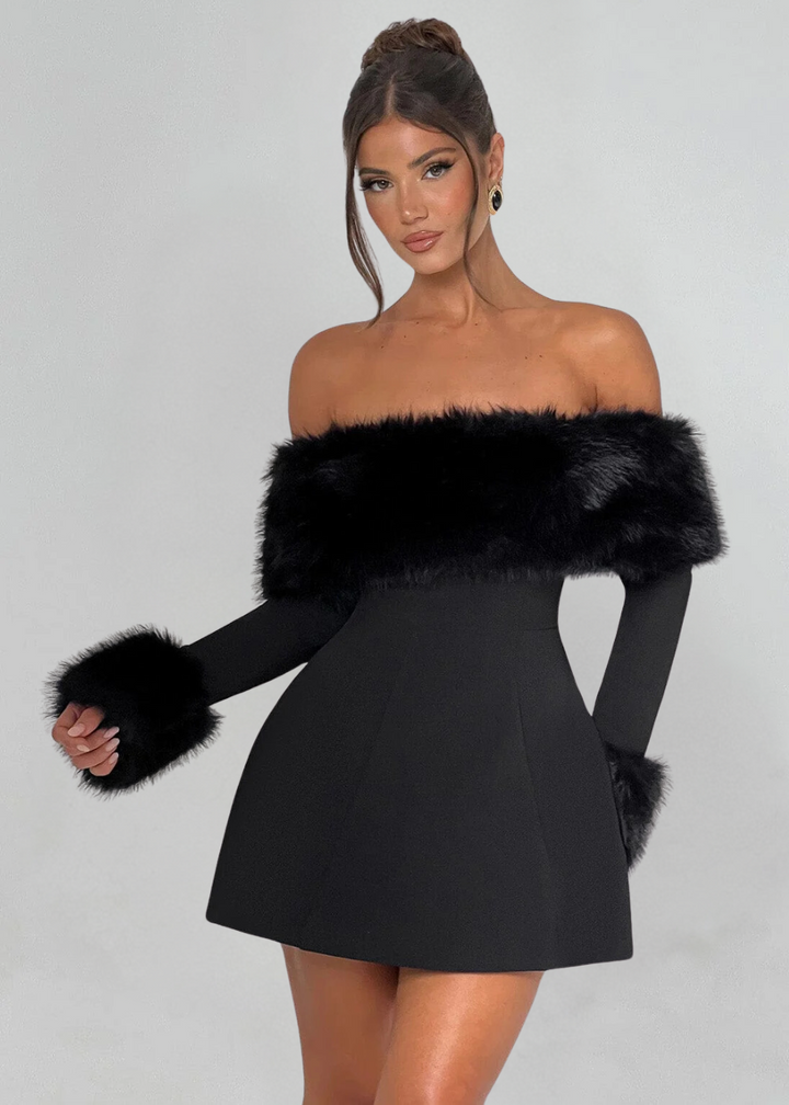 Serena | Schulterfreies Minikleid mit Pelzärmeln