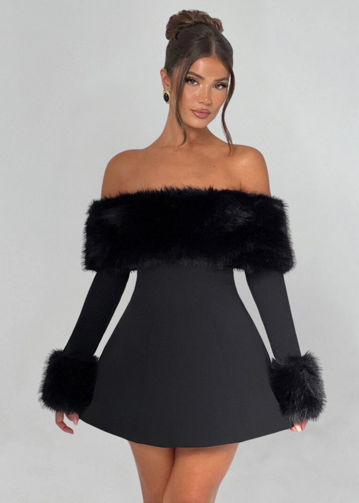 Serena | Schulterfreies Minikleid mit Pelzärmeln