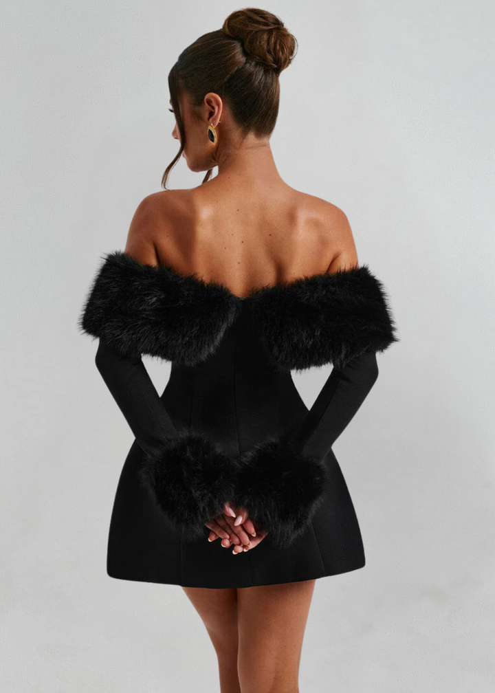 Serena | Schulterfreies Minikleid mit Pelzärmeln