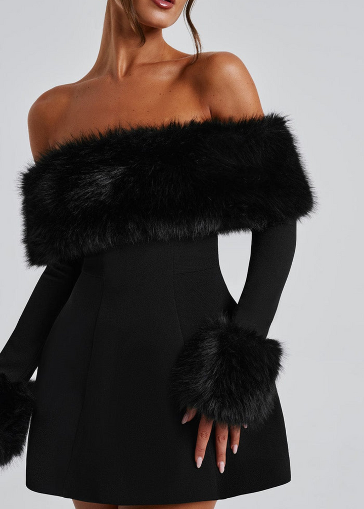 Serena | Schulterfreies Minikleid mit Pelzärmeln