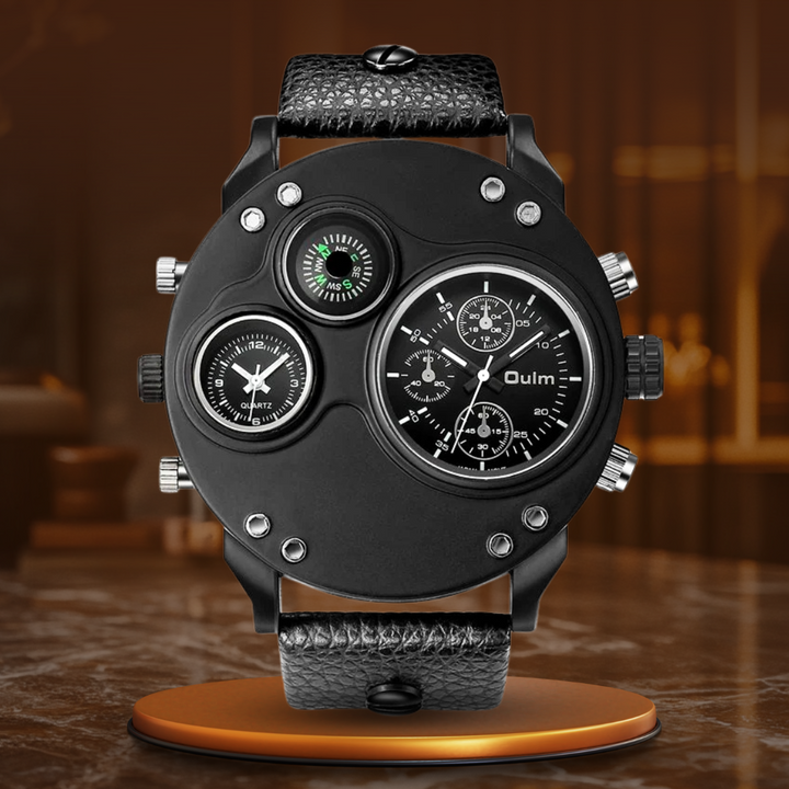 Schwarze Leder-Doppelt-Zeitzonen-Quarz-Uhr
