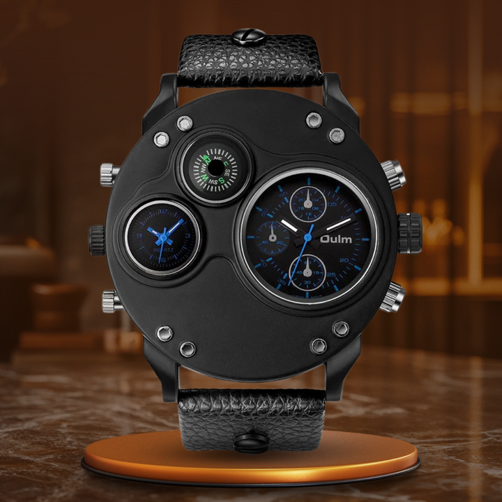 Schwarze Leder-Doppelt-Zeitzonen-Quarz-Uhr