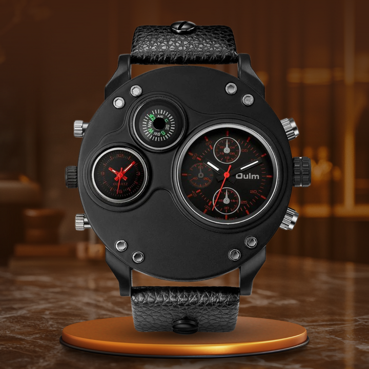 Schwarze Leder-Doppelt-Zeitzonen-Quarz-Uhr