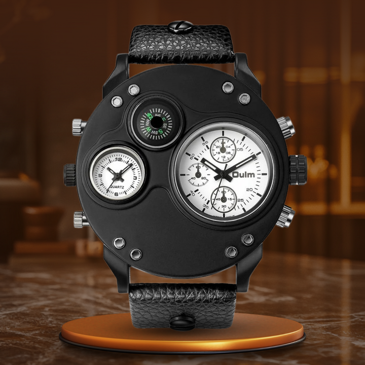Schwarze Leder-Doppelt-Zeitzonen-Quarz-Uhr